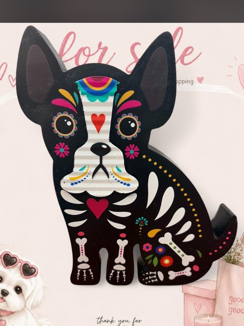 Black Decorative Dog Figurine with Colorful Sugar-Skull Accents